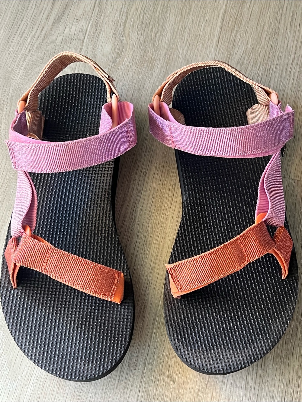 Teva Black Platform Sandals with Pink and Orange Straps - size 8